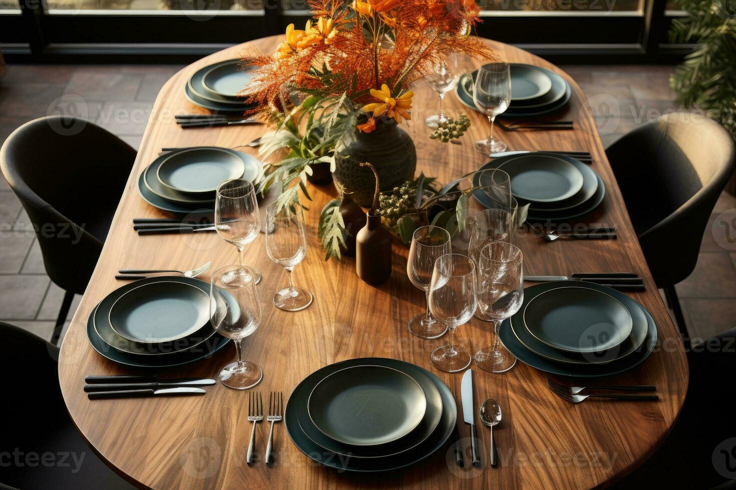 top view photos of table set in dining room AI Generated