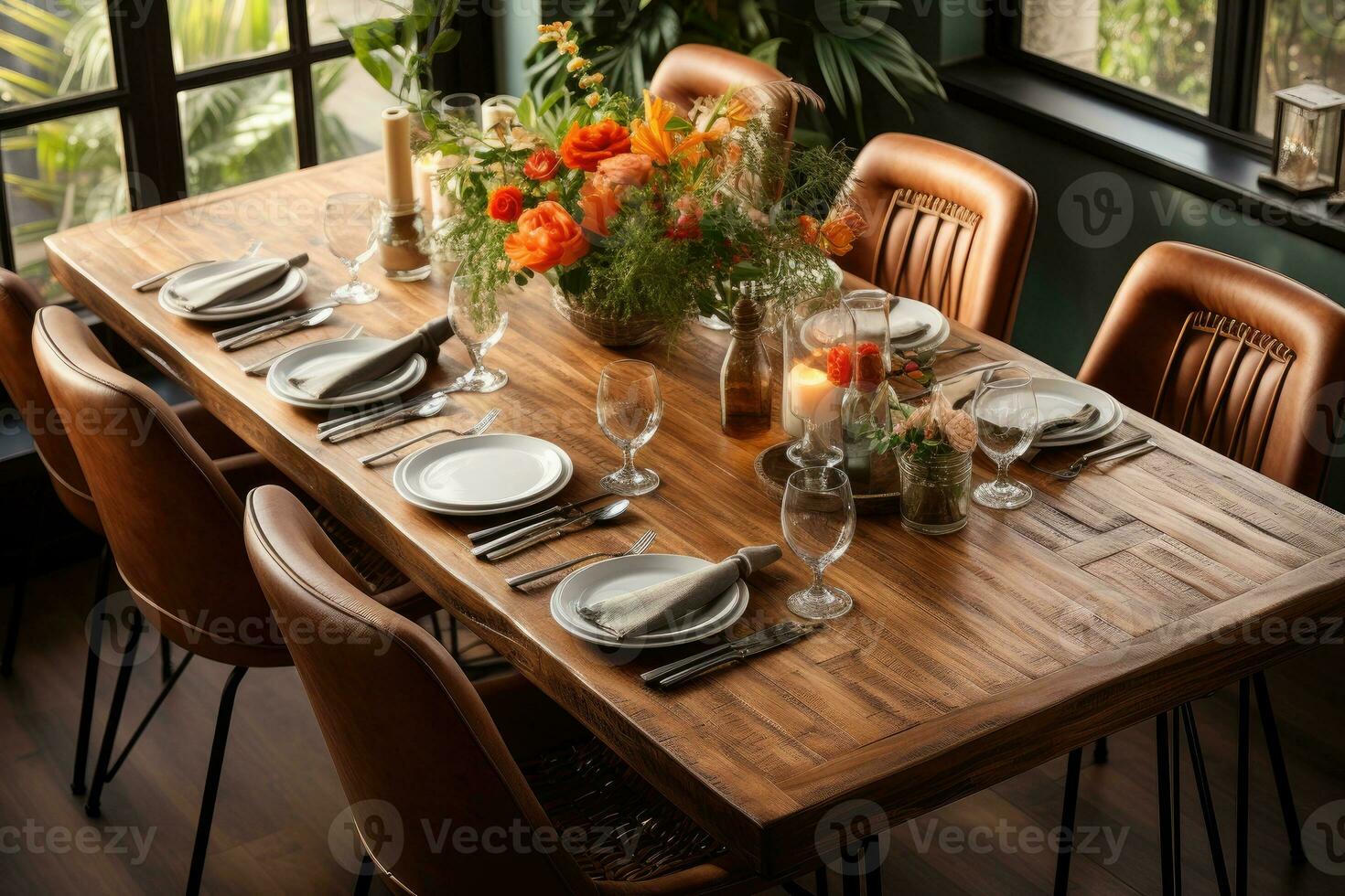 top view photos of table set in dining room AI Generated