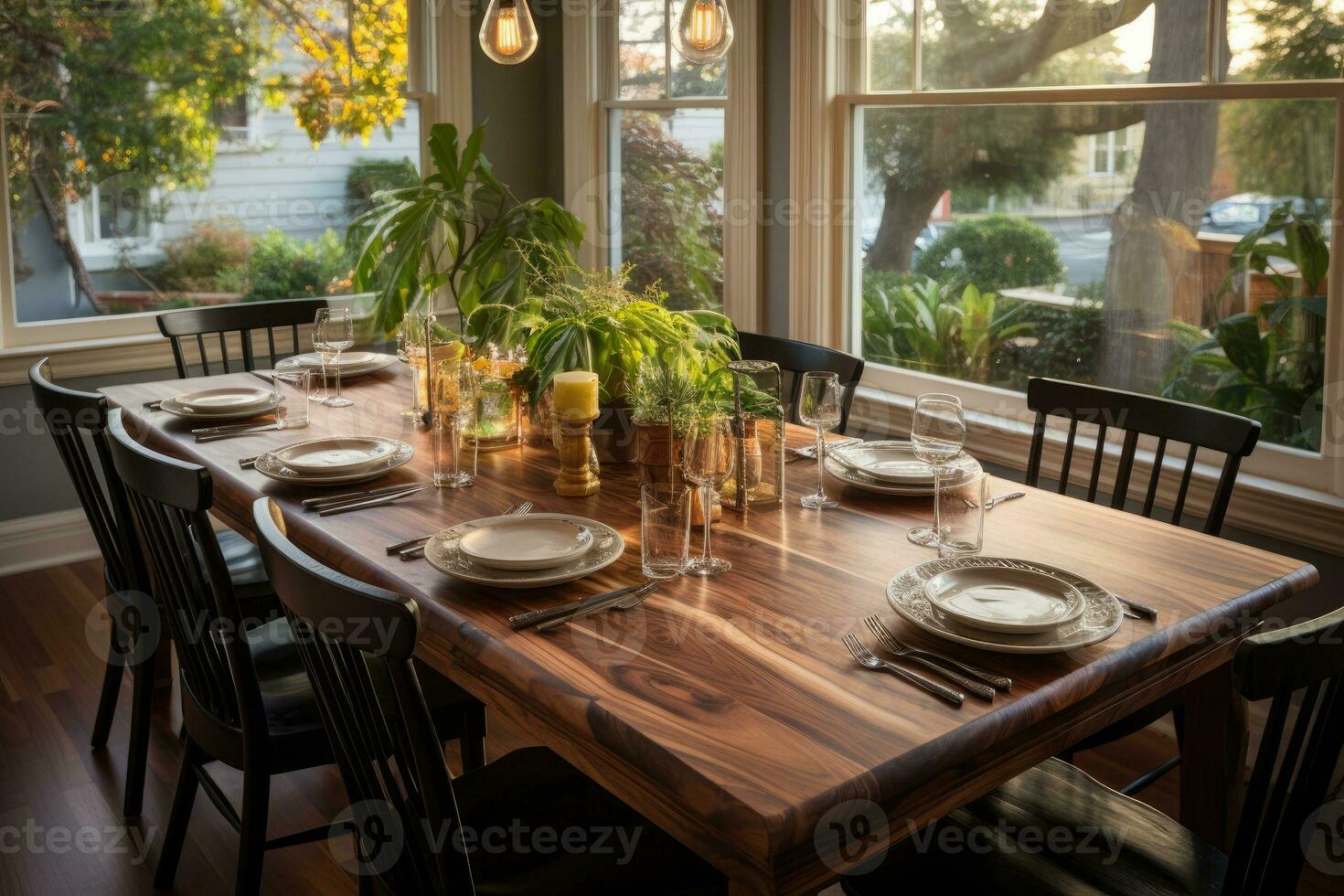 top view photos of table set in dining room AI Generated