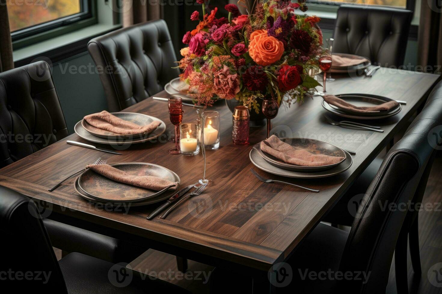 top view photos of table set in dining room AI Generated