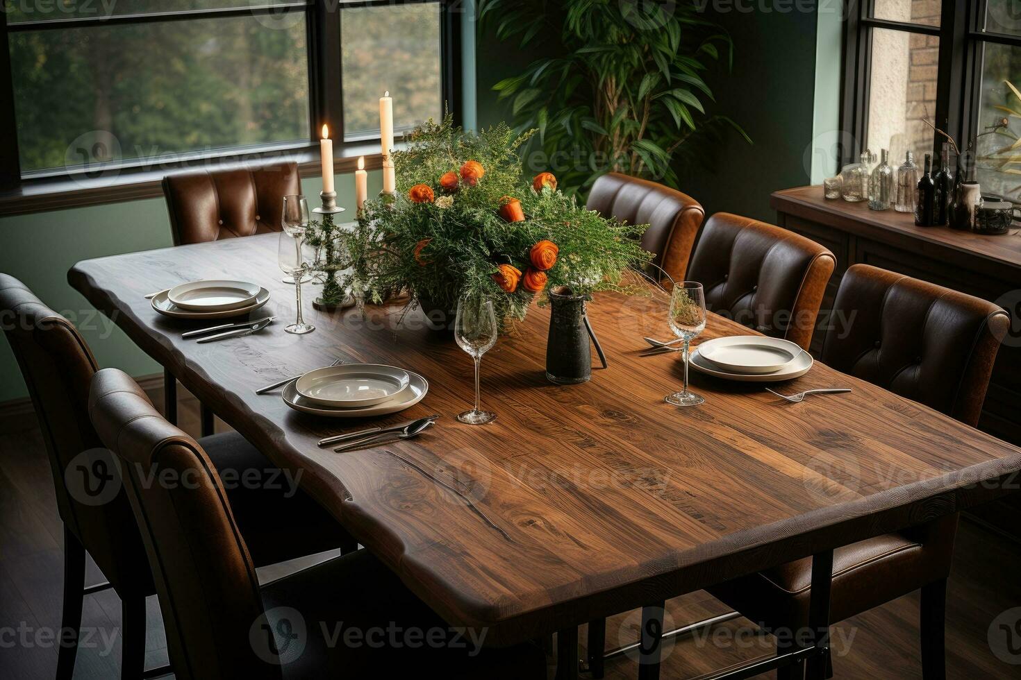 top view photos of table set in dining room AI Generated