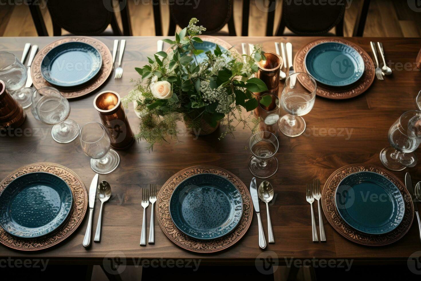 top view photos of table set in dining room AI Generated