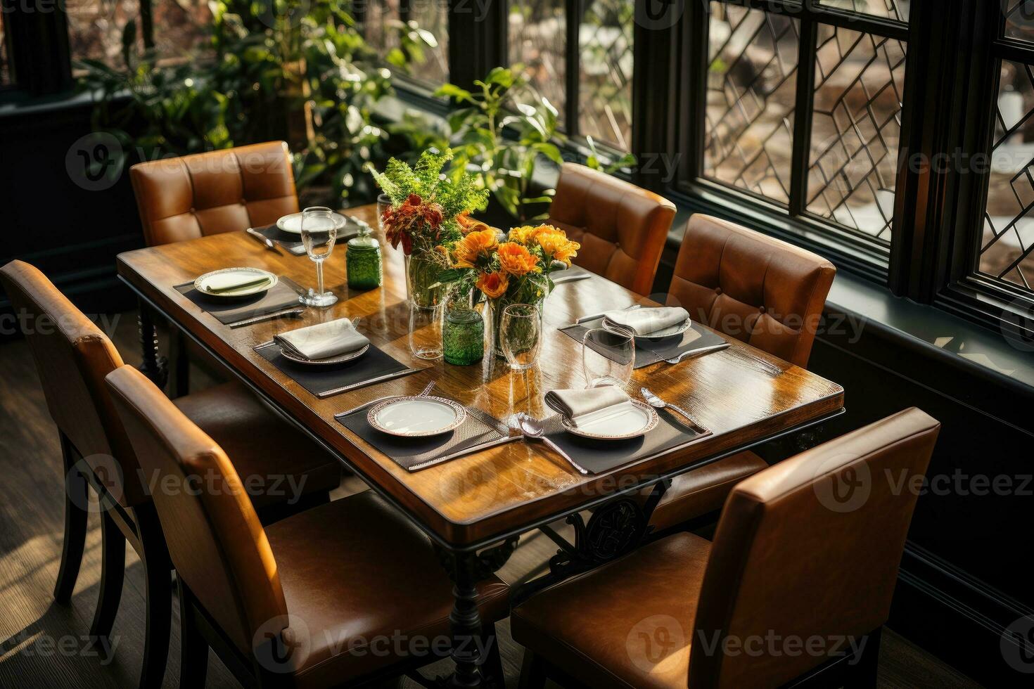 top view photos of table set in dining room AI Generated