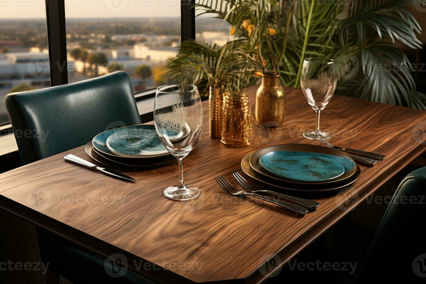 top view photos of table set in dining room AI Generated