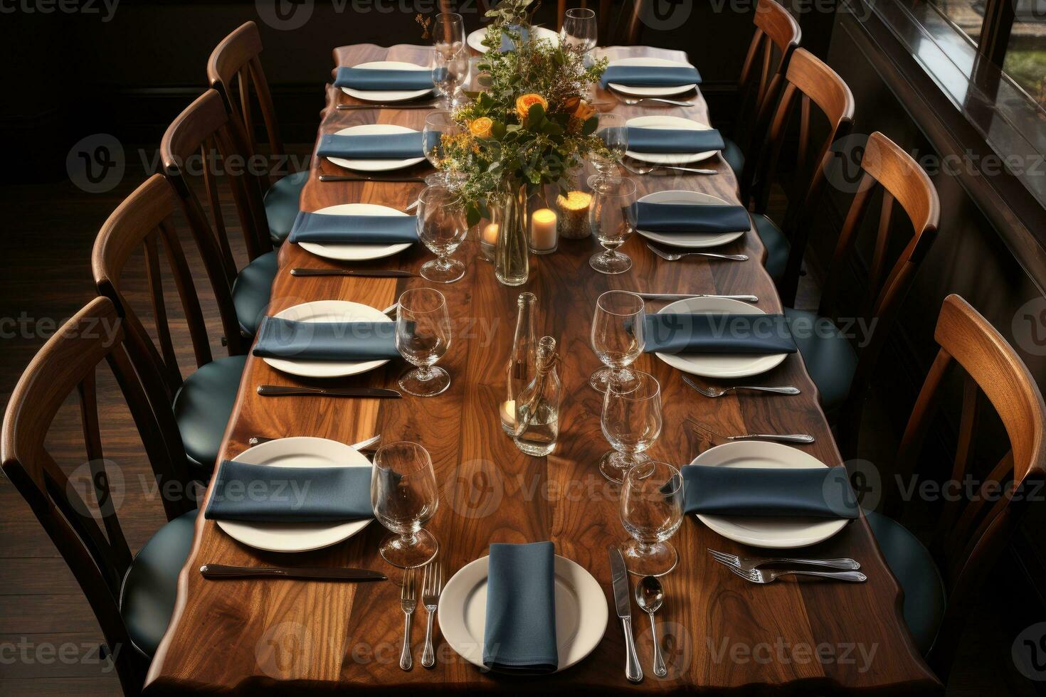 top view photos of table set in dining room AI Generated