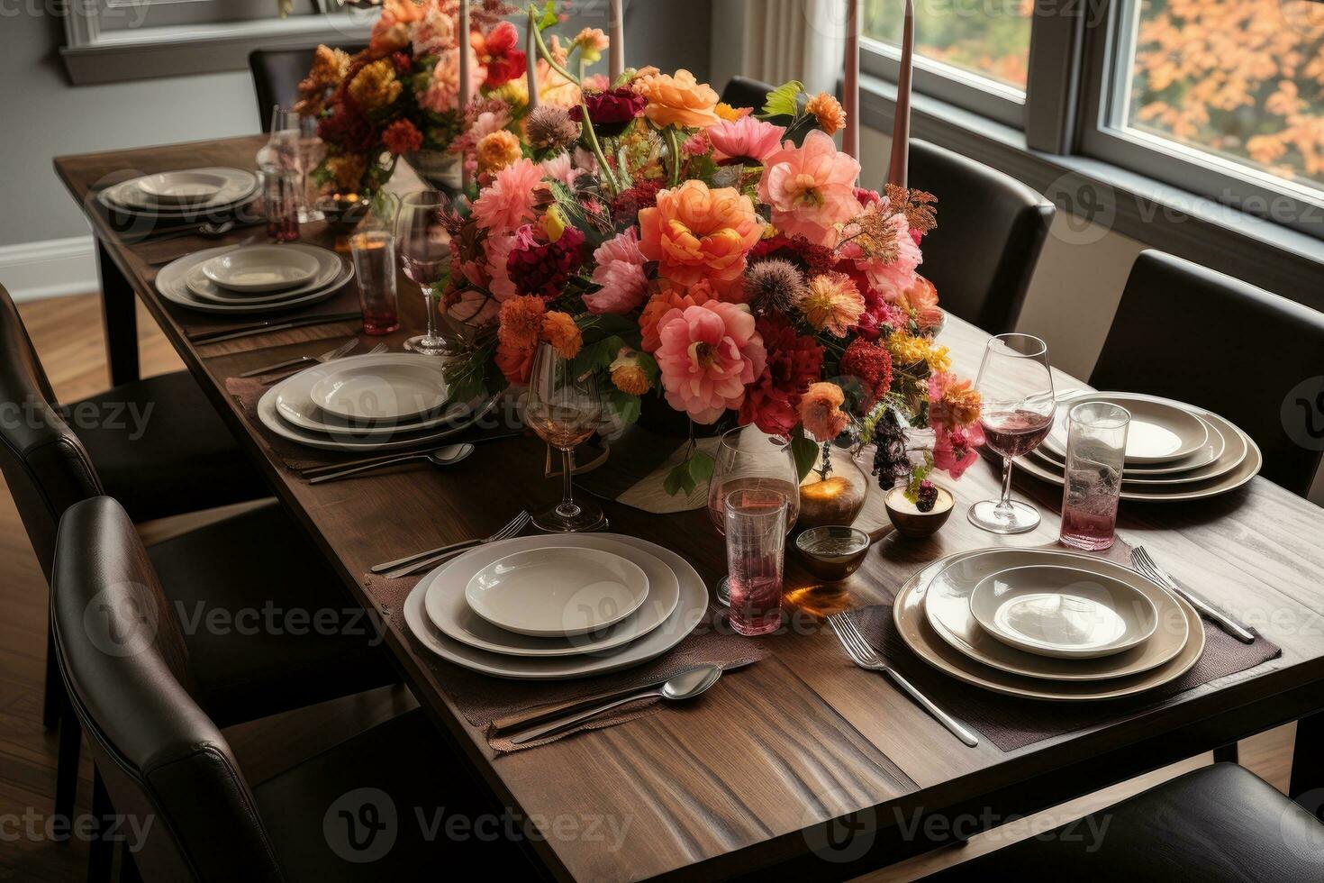 top view photos of table set in dining room AI Generated