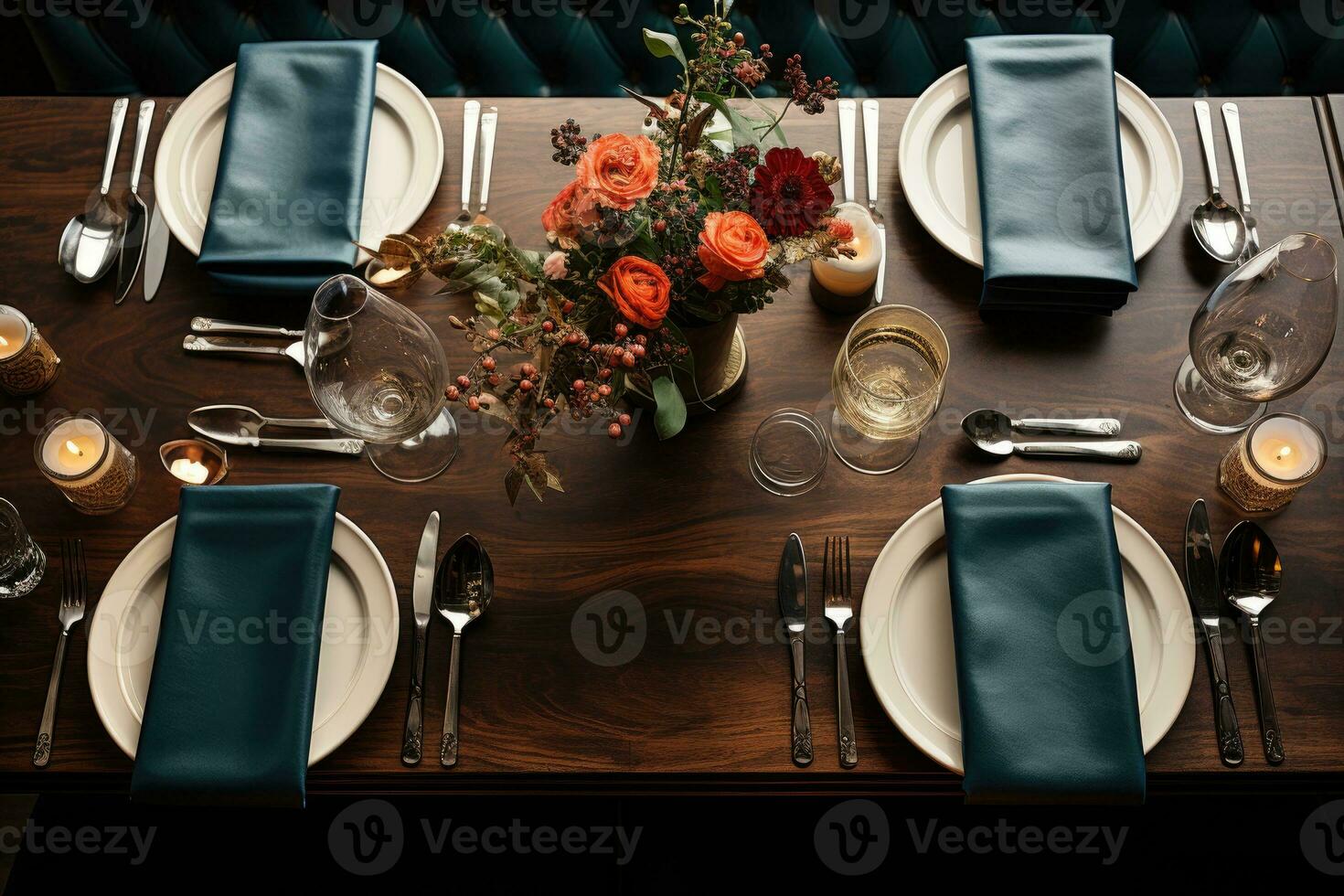 top view photos of table set in dining room AI Generated