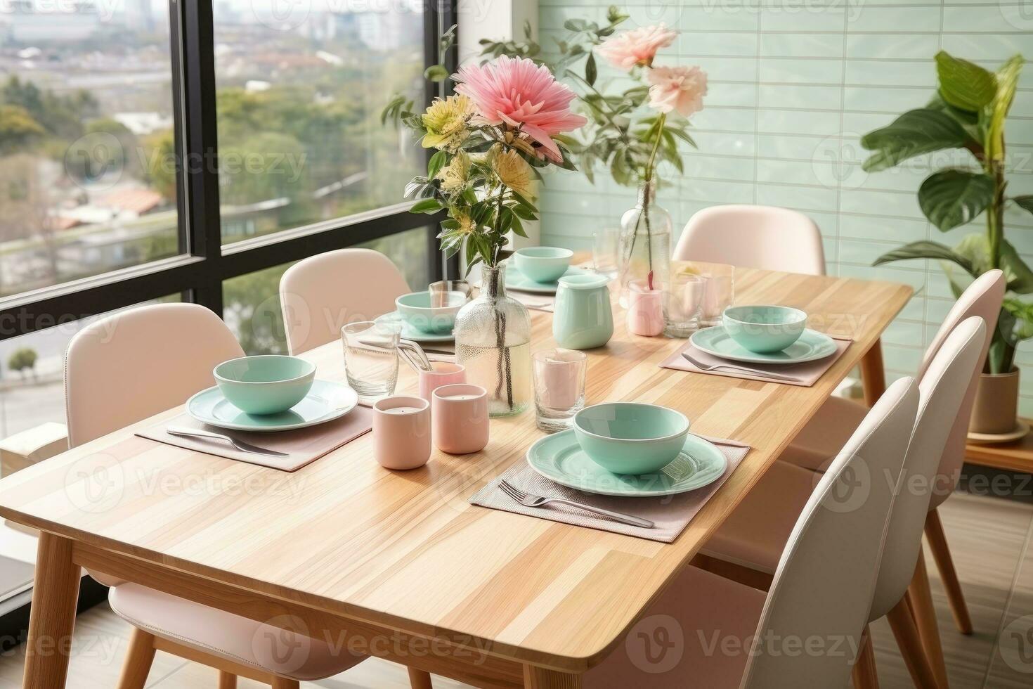 top view photos of table set in dining room AI Generated