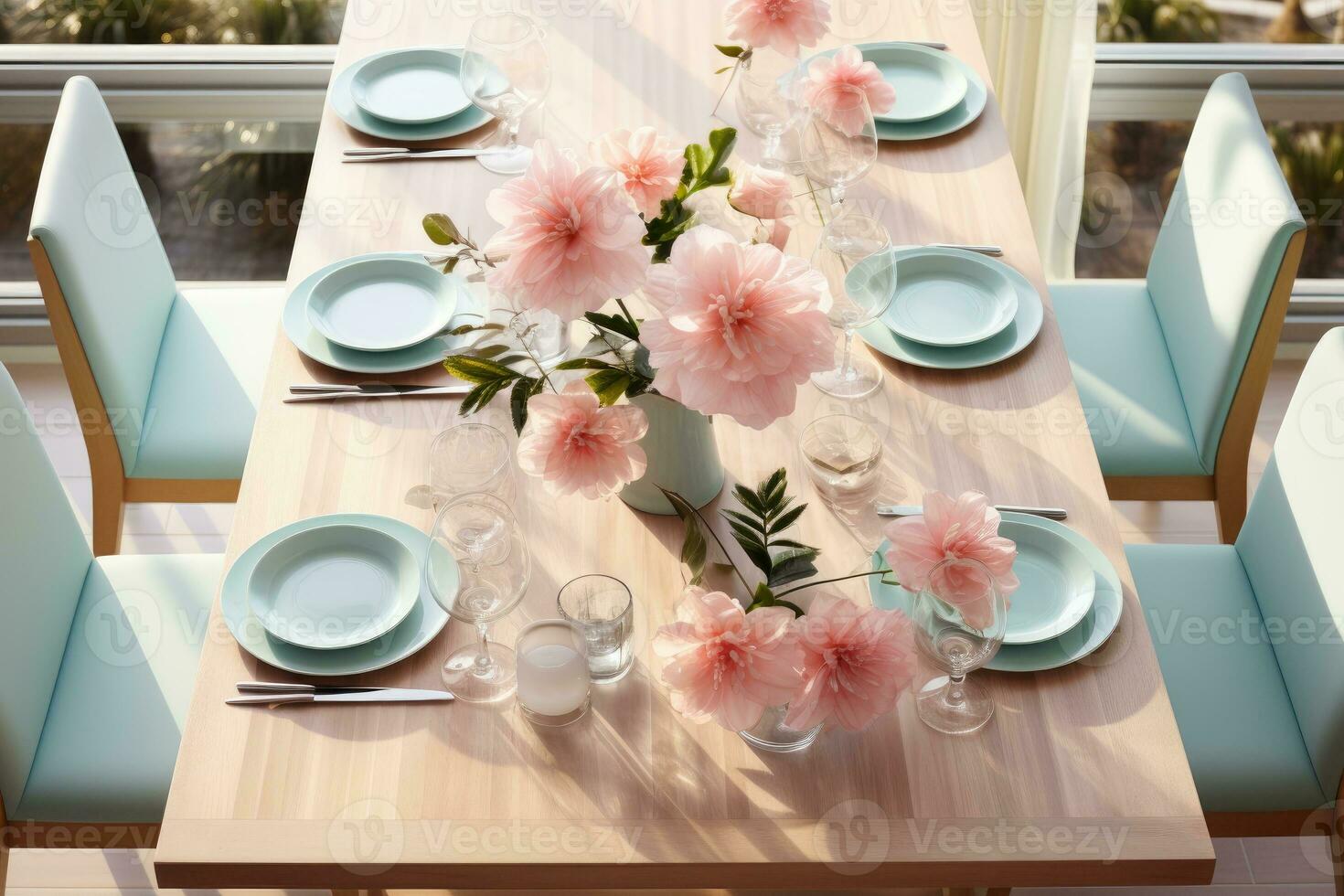 top view photos of table set in dining room AI Generated