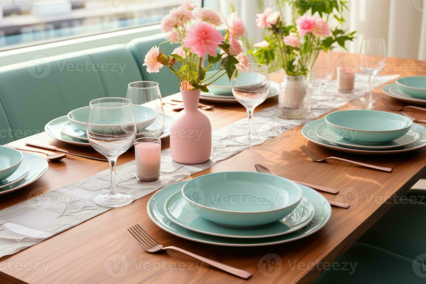 top view photos of table set in dining room AI Generated