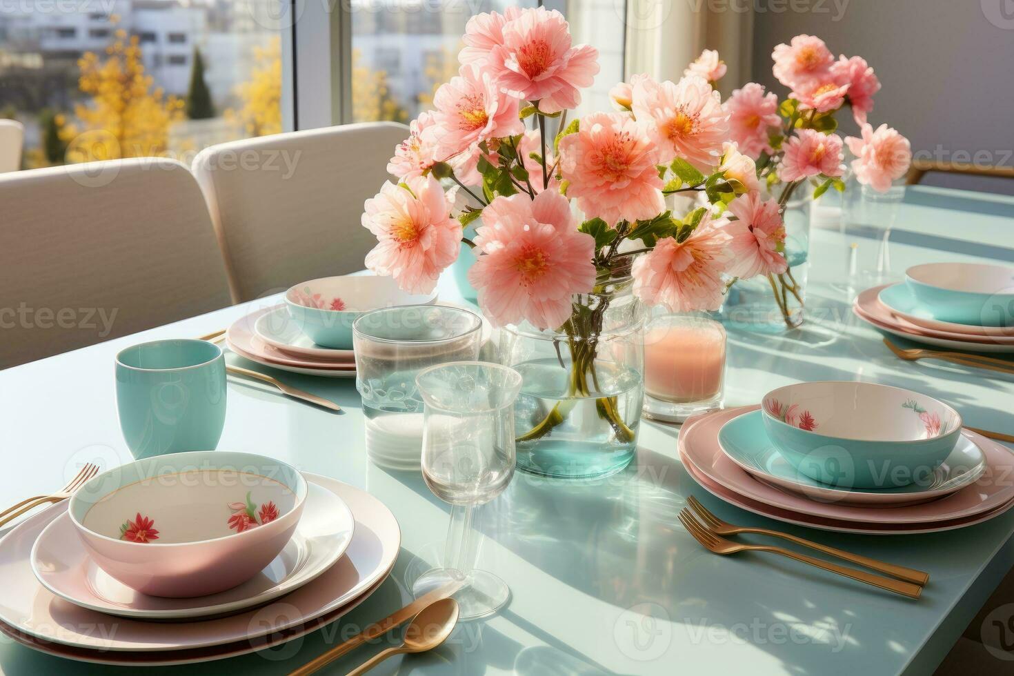 top view photos of table set in dining room AI Generated