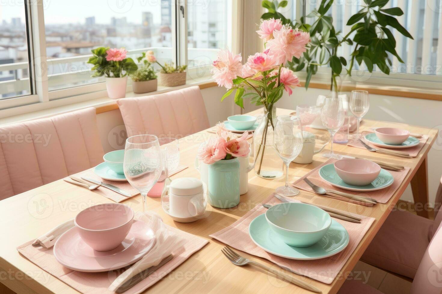 top view photos of table set in dining room AI Generated