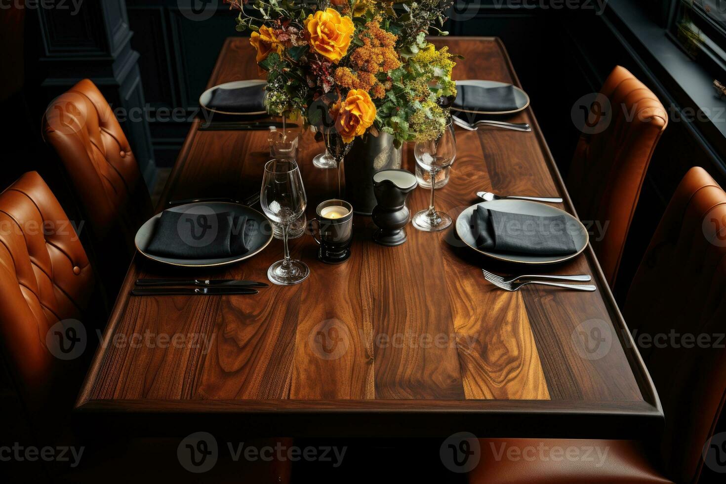 top view photos of table set in dining room AI Generated