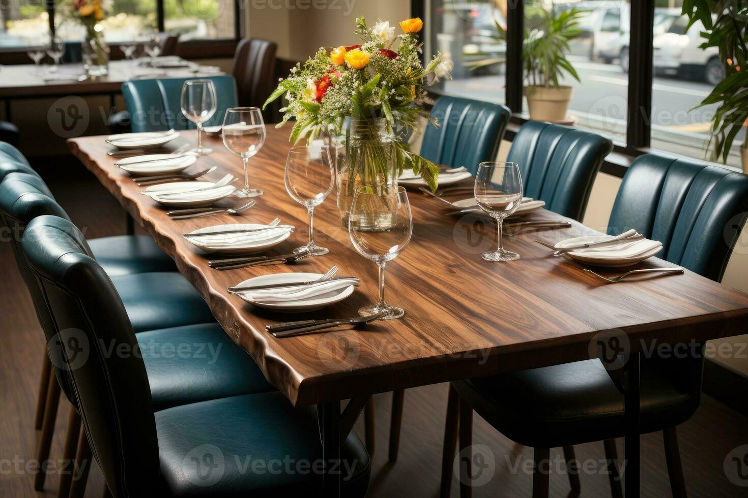 top view photos of table set in dining room AI Generated