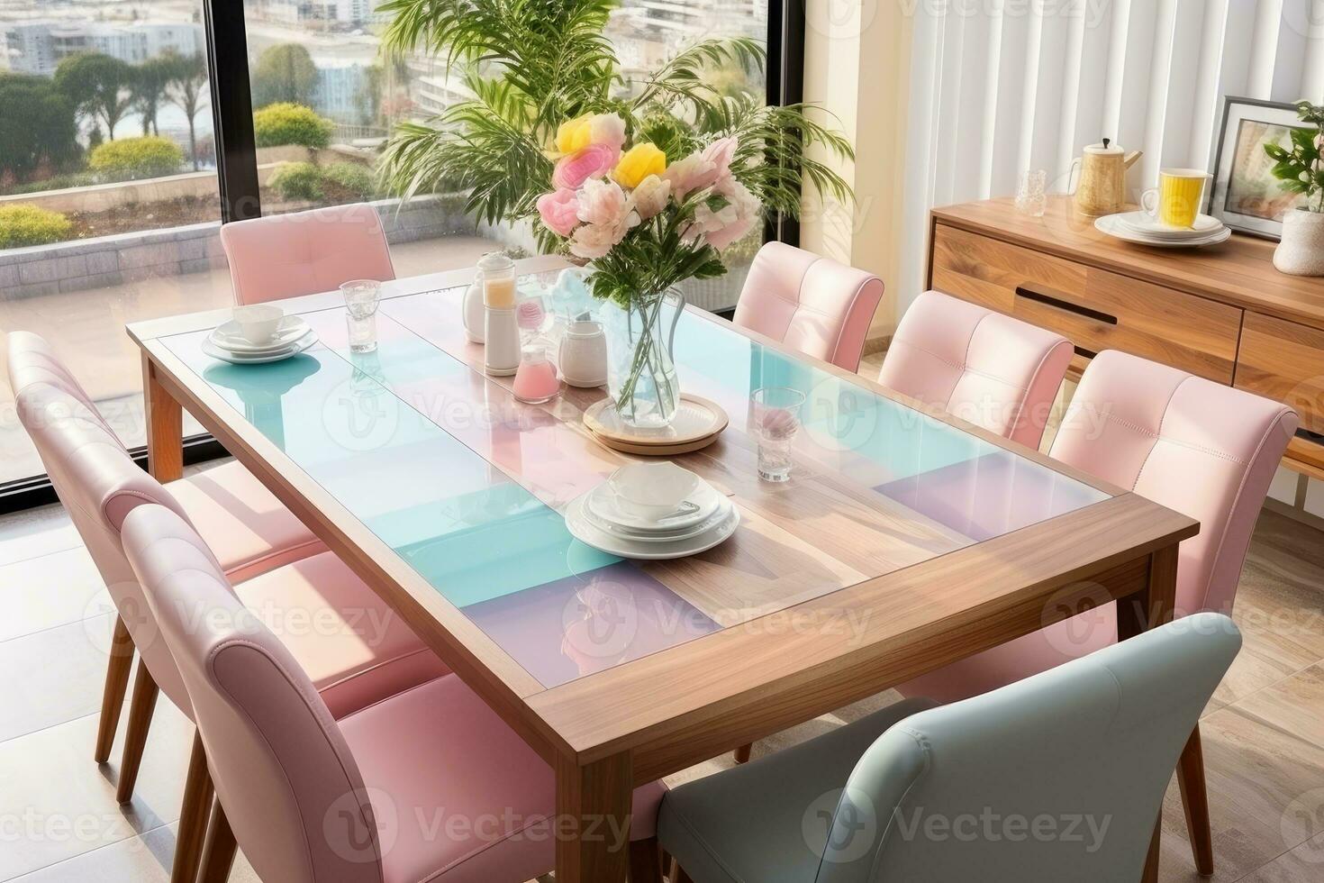 top view photos of table set in dining room AI Generated
