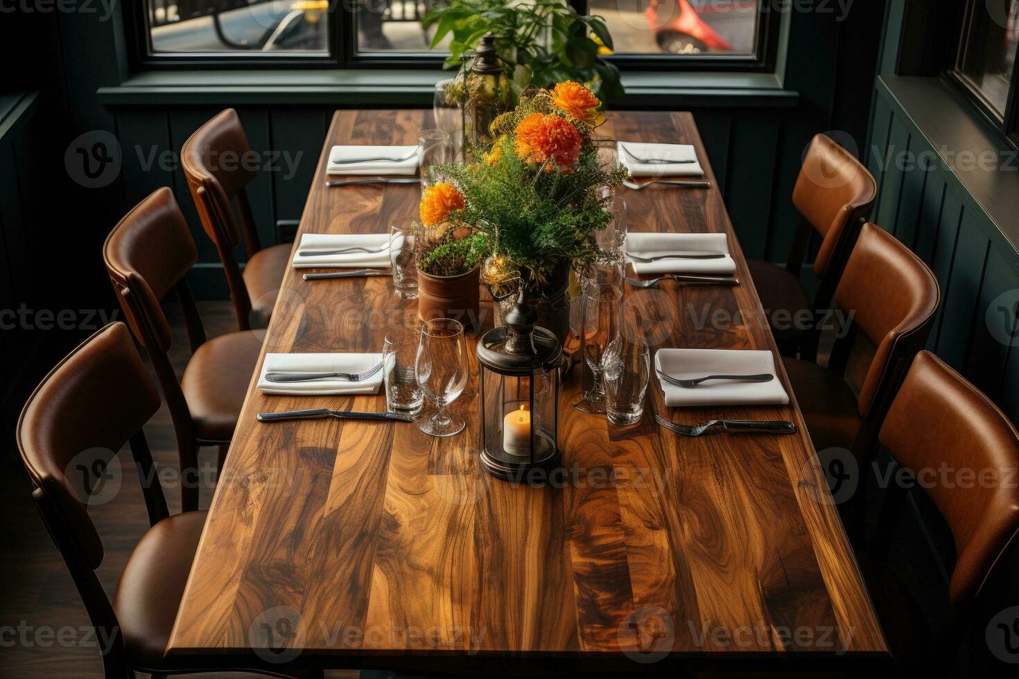 top view photos of table set in dining room AI Generated