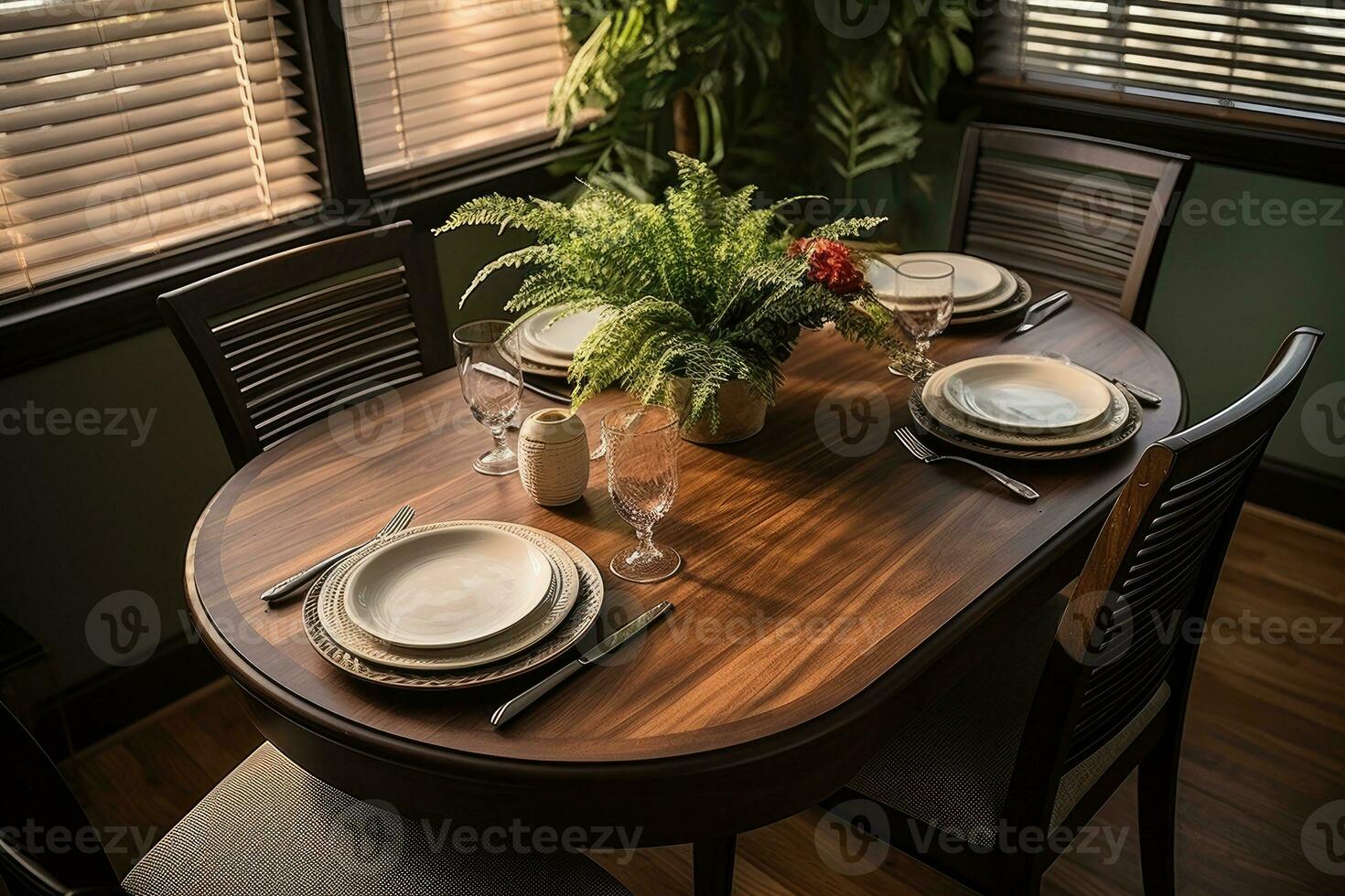 top view photos of table set in dining room AI Generated