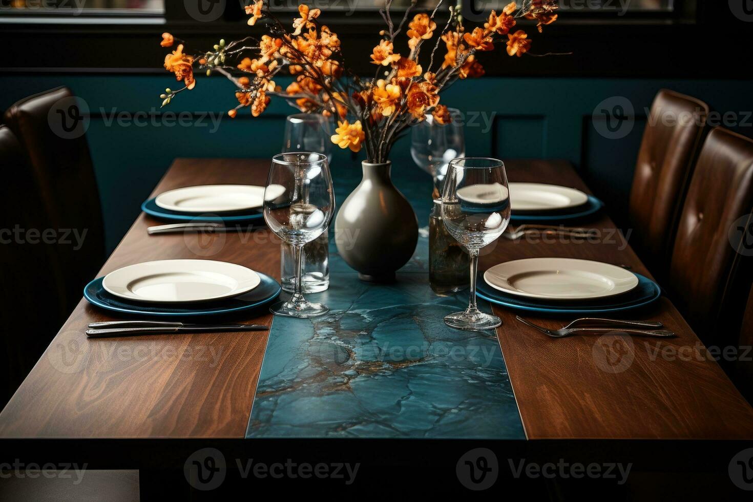 top view photos of table set in dining room AI Generated
