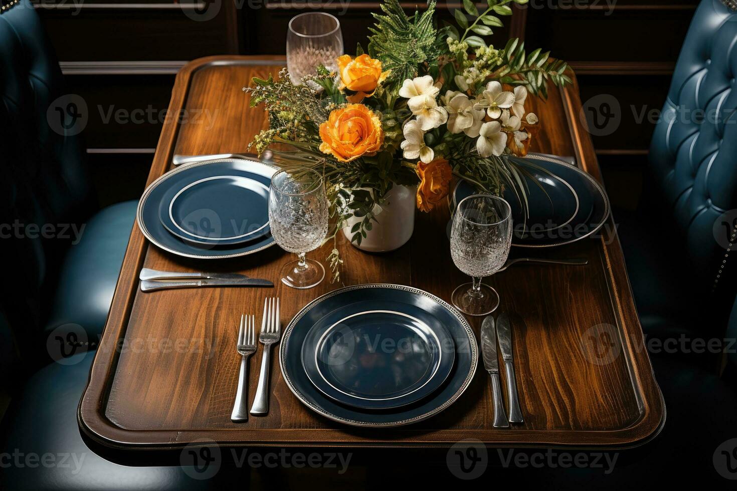 top view photos of table set in dining room AI Generated