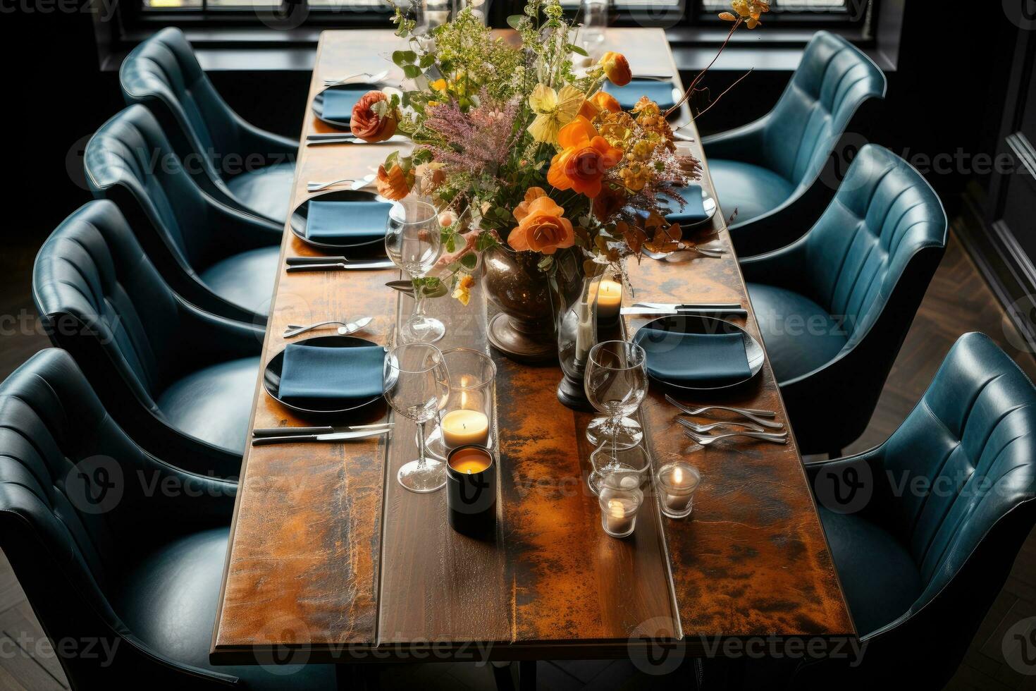 top view photos of table set in dining room AI Generated