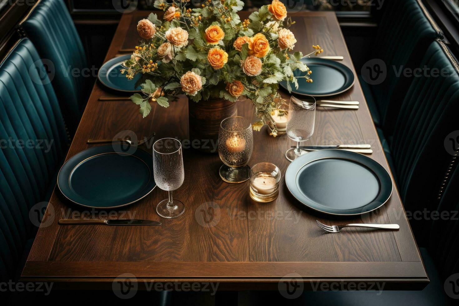 top view photos of table set in dining room AI Generated