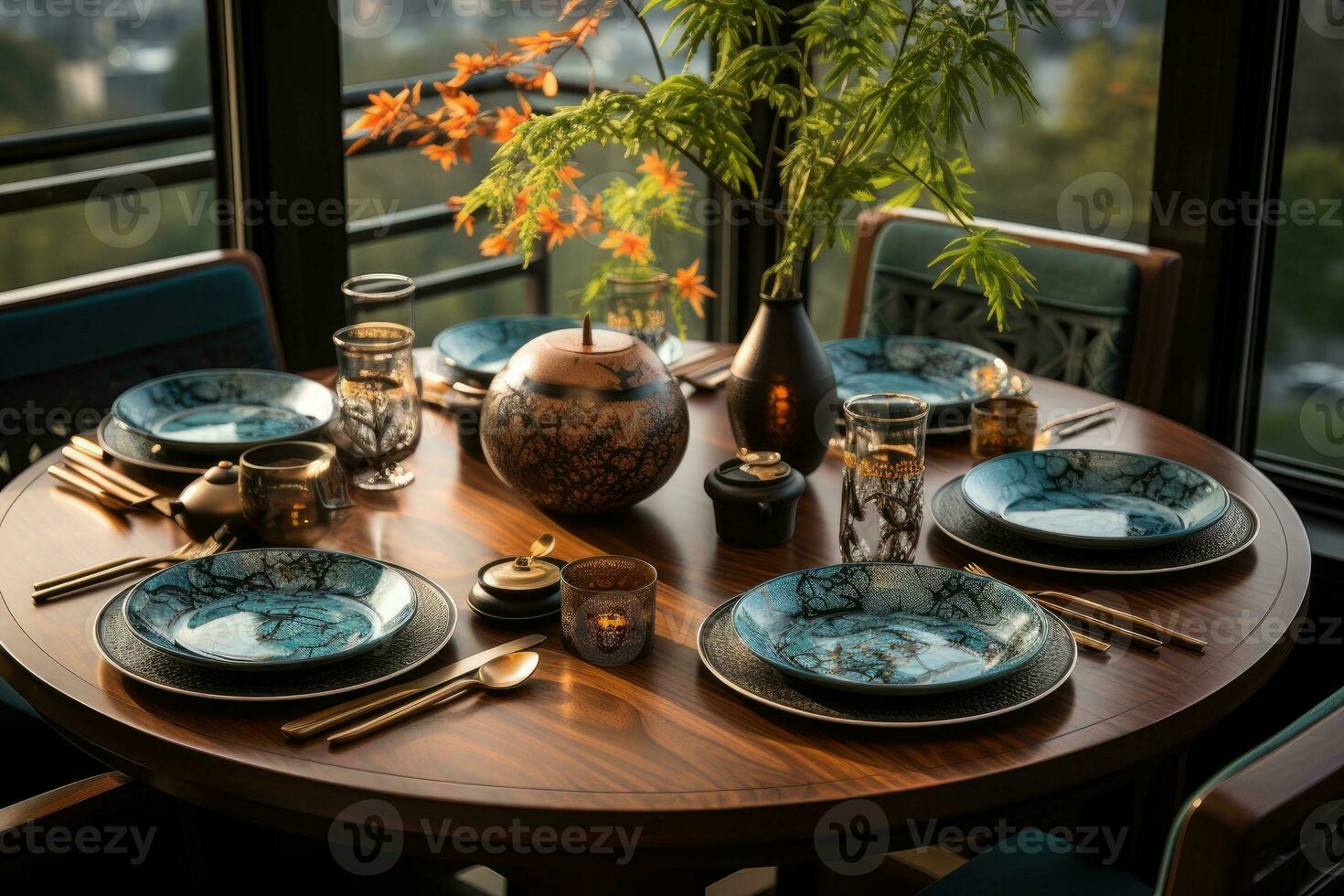 top view photos of table set in dining room AI Generated