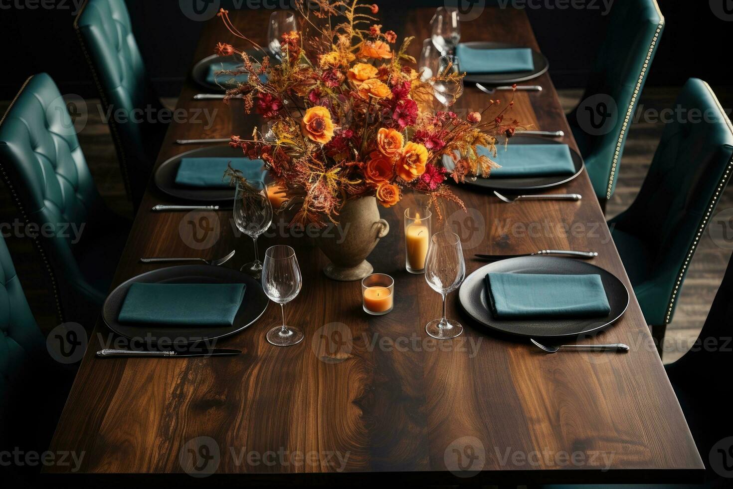 top view photos of table set in dining room AI Generated