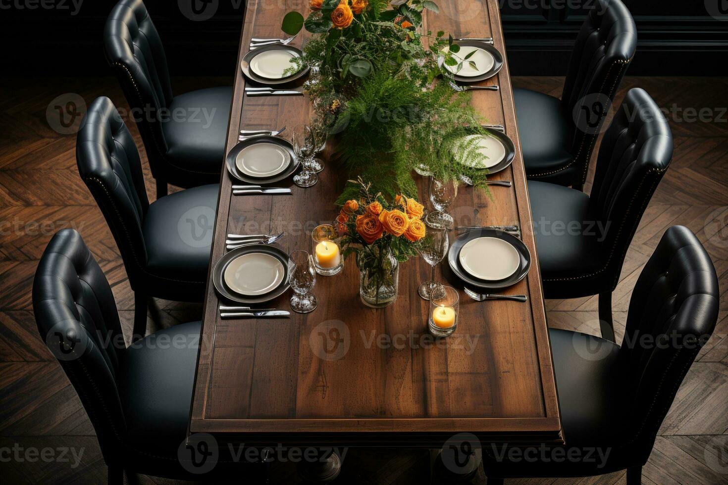 top view photos of table set in dining room AI Generated