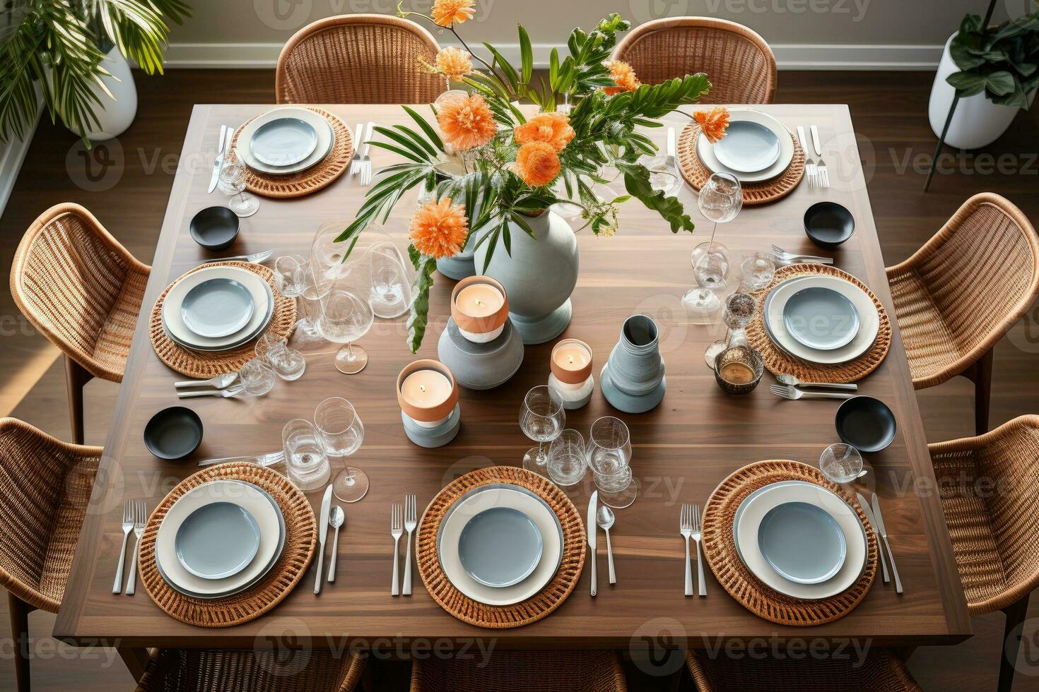 top view photos of table set in dining room AI Generated