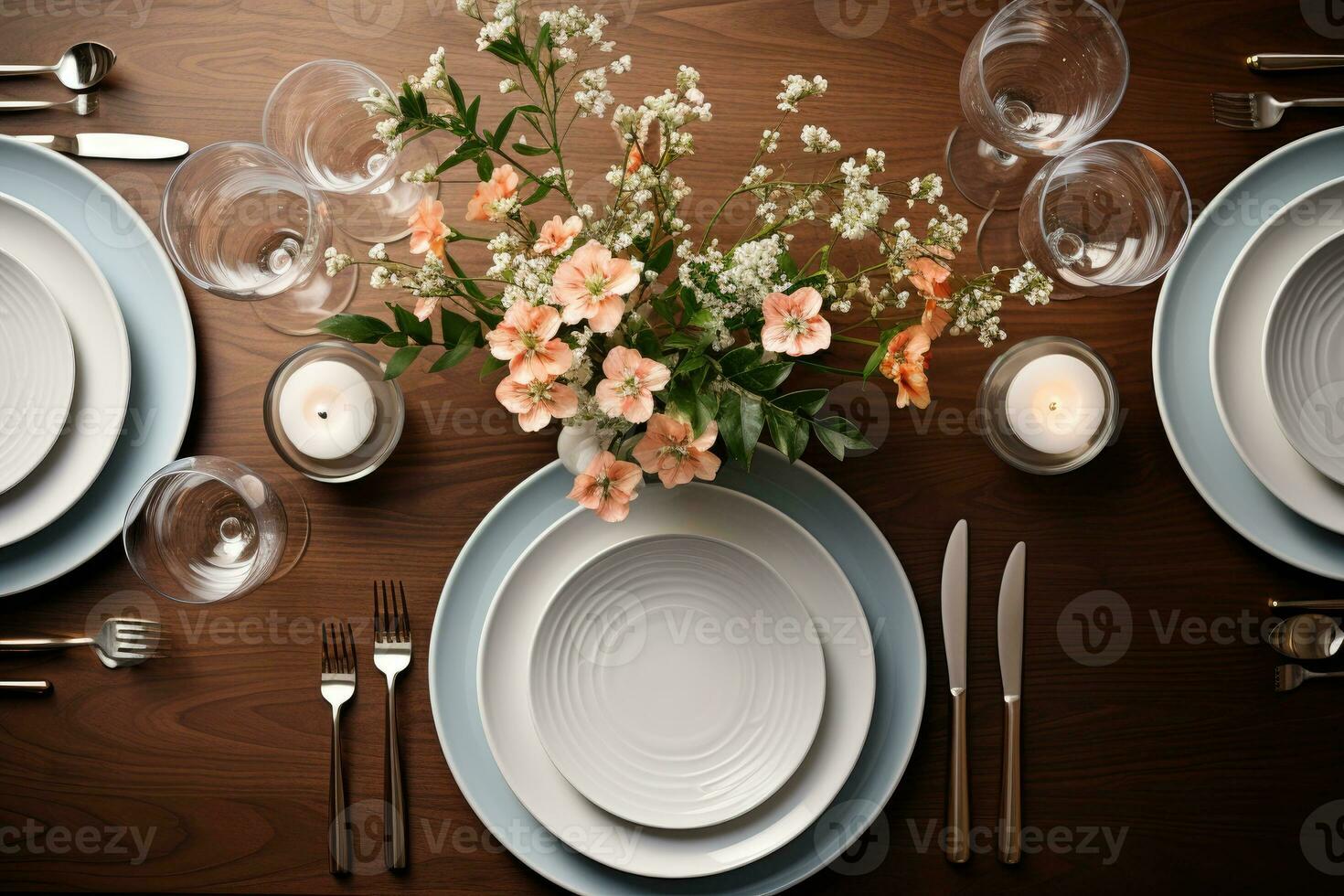 top view photos of table set in dining room AI Generated