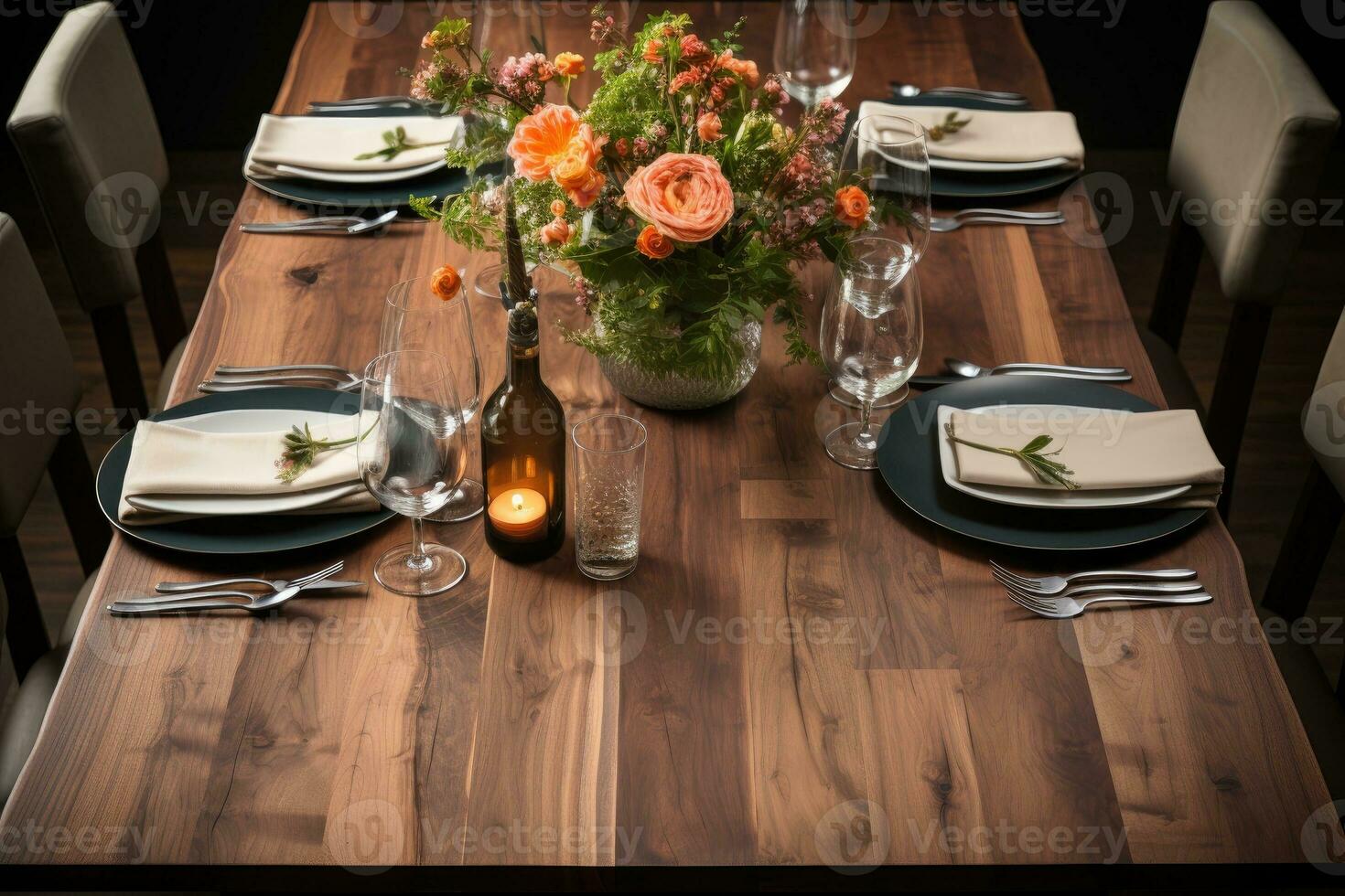 top view photos of table set in dining room AI Generated