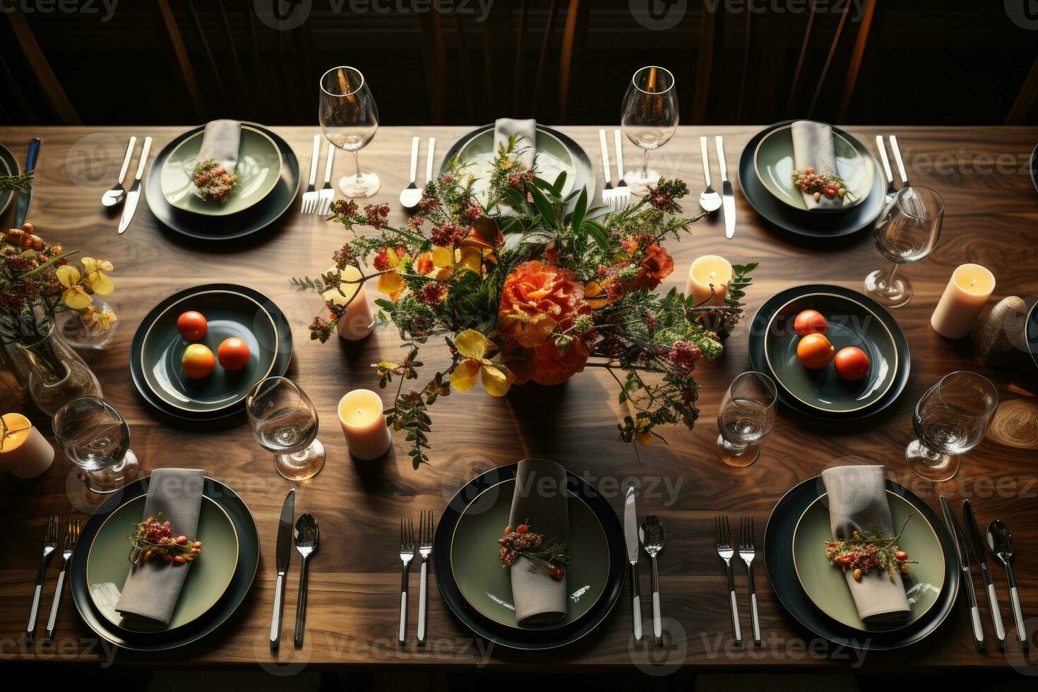 top view photos of table set in dining room AI Generated