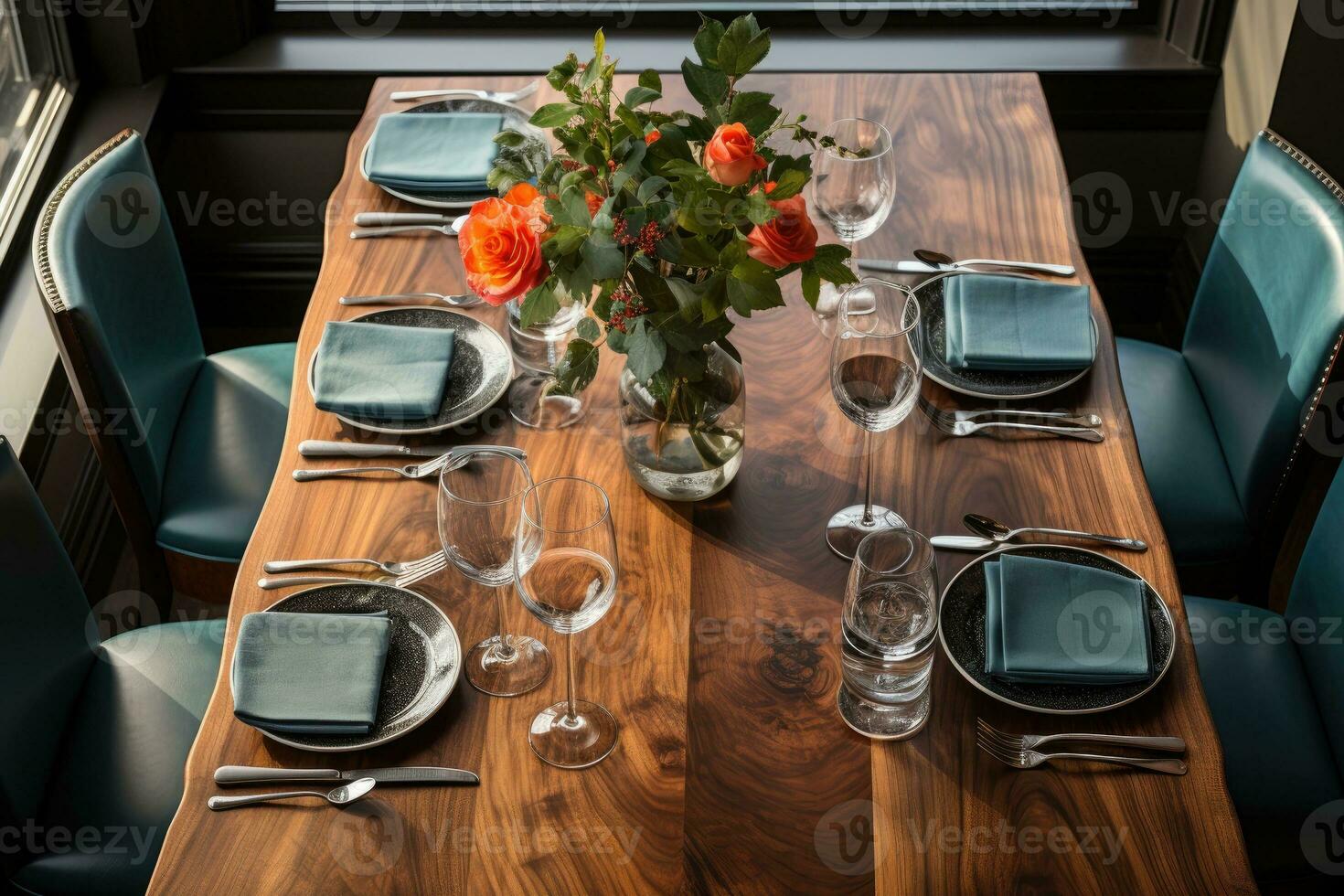 top view photos of table set in dining room AI Generated