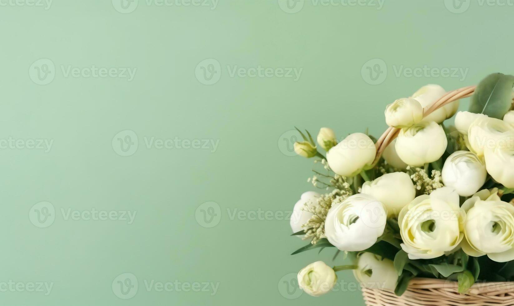 Delicate peonies on basket an pastel green background. AI Generative photo