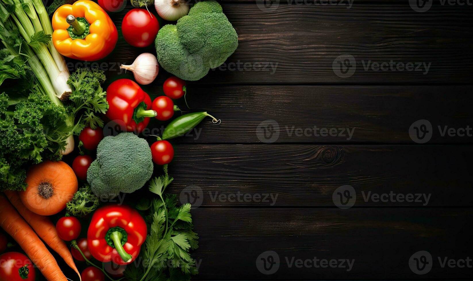 Vegetables on black wood background. AI Generative photo