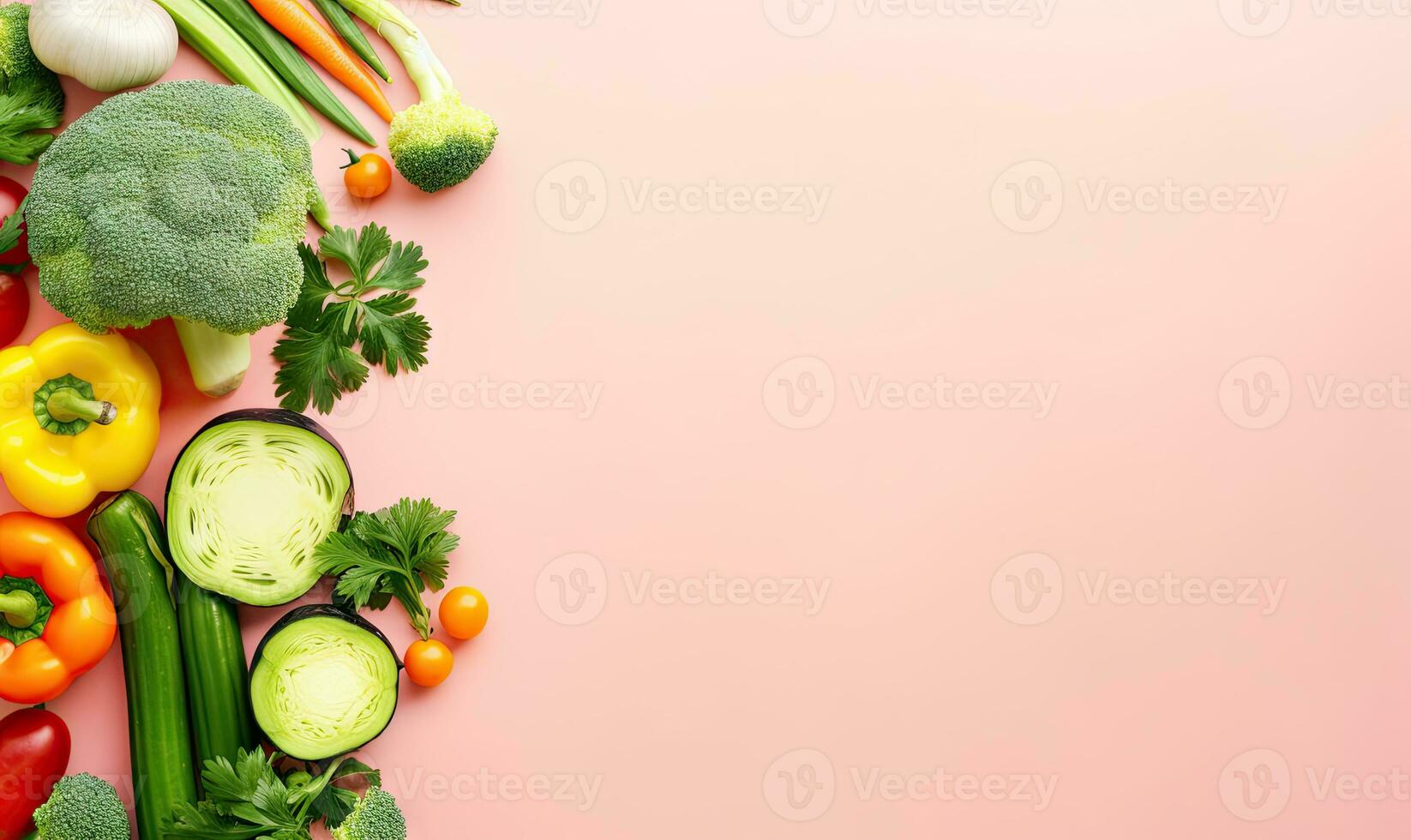 Top view vegetables on pink background. AI Generative photo