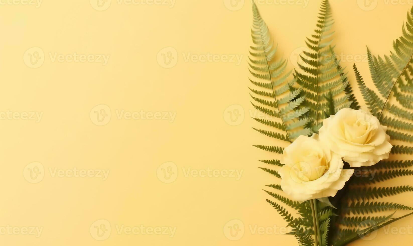 Yellow flowers and green ferns. AI Generative photo