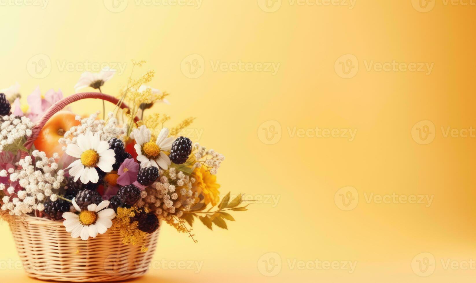 Fresh flowers and berries in a wicker basket. AI Generative photo