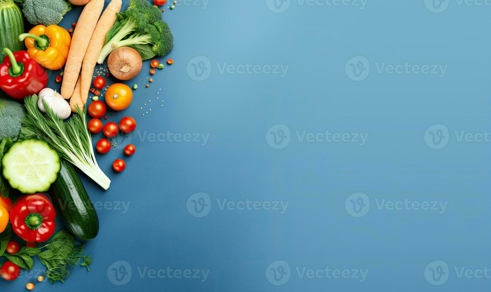 Top view vegetables on deep blue background. AI Generative photo