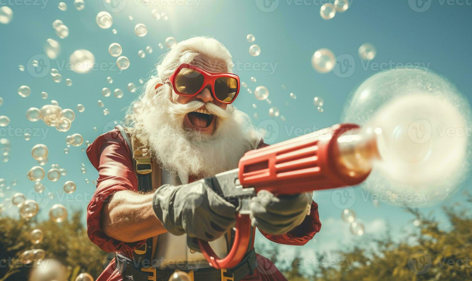 Papa Noel claus en un juguetón estado animico crear jabón burbujas ai generativo foto