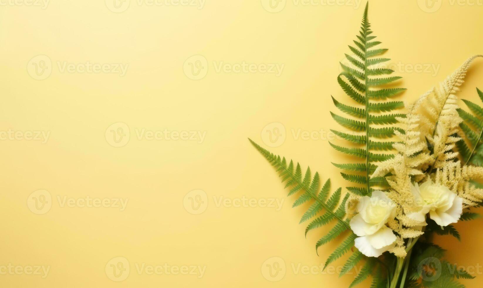 Yellow flowers and green ferns. AI Generative photo