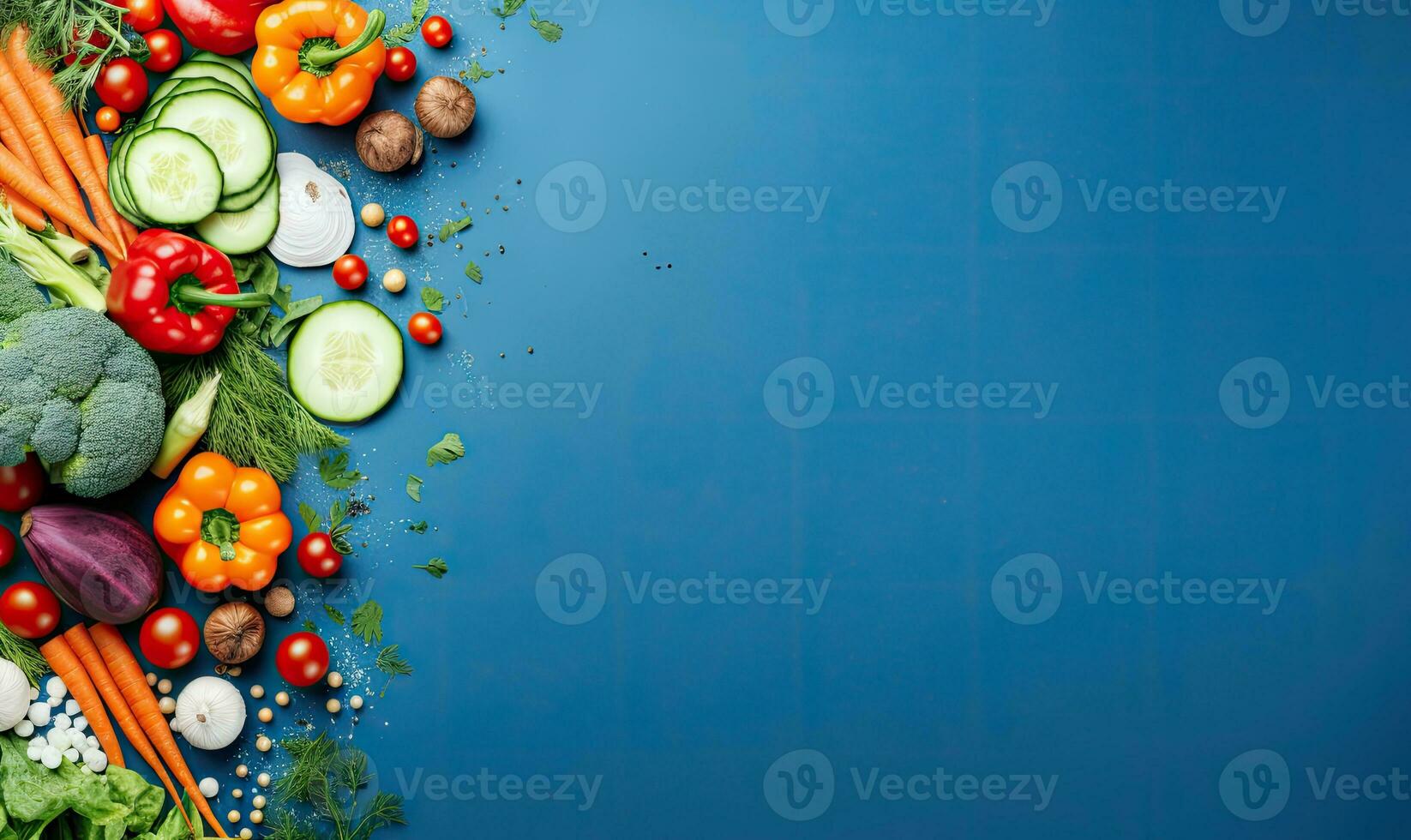 Top view vegetables on deep blue background. AI Generative photo