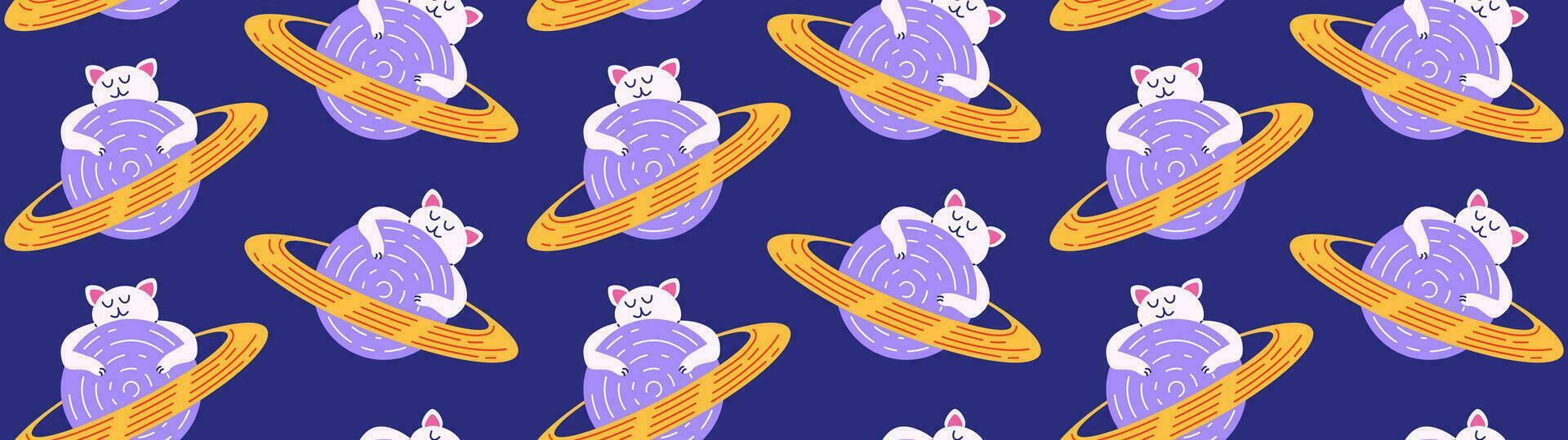 Colorful pattern with cute cats in space. Vector seamless background with cat character on the planet in flat cartoon style.