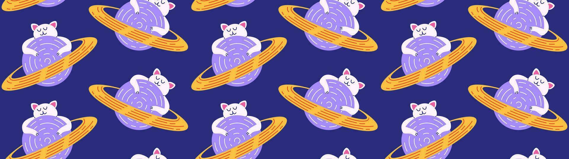 Colorful pattern with cute cats in space. Vector seamless background with cat character on the planet in flat cartoon style.