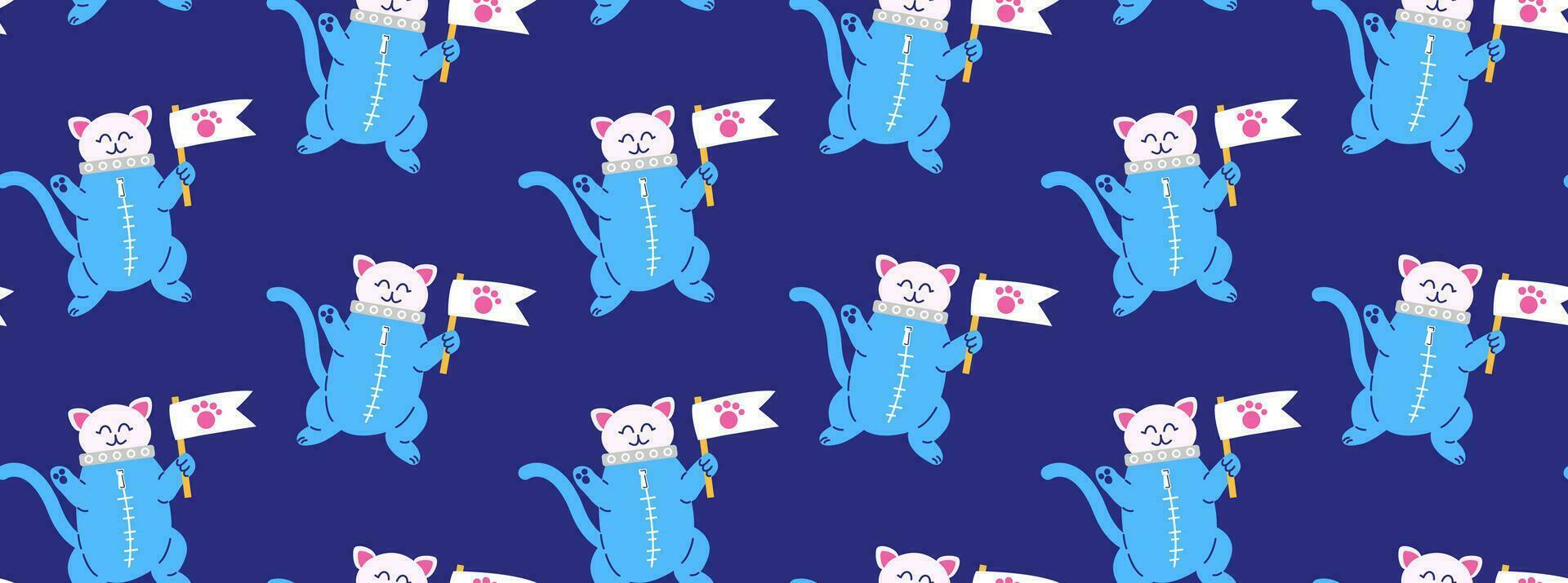 Colorful pattern with cute cats in space. Vector seamless background with a cat character in an astronaut suit in a flat cartoon style.
