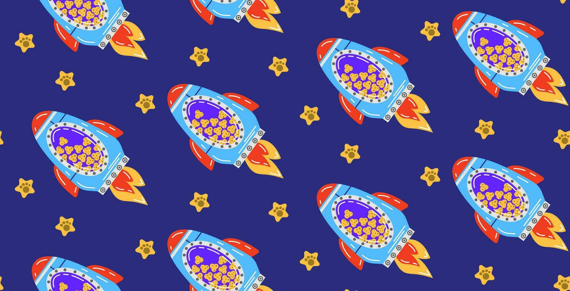 Colorful pattern with a cute rocket filled with pet food in space. Vector seamless background in flat cartoon style.