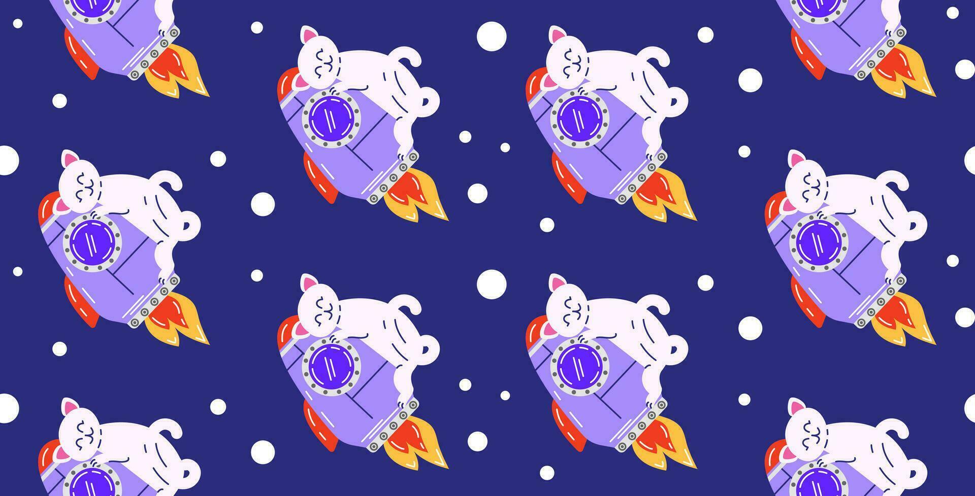 Colorful pattern with cute cats in space. Vector seamless background with a cat character hugging a rocket in a flat cartoon style.