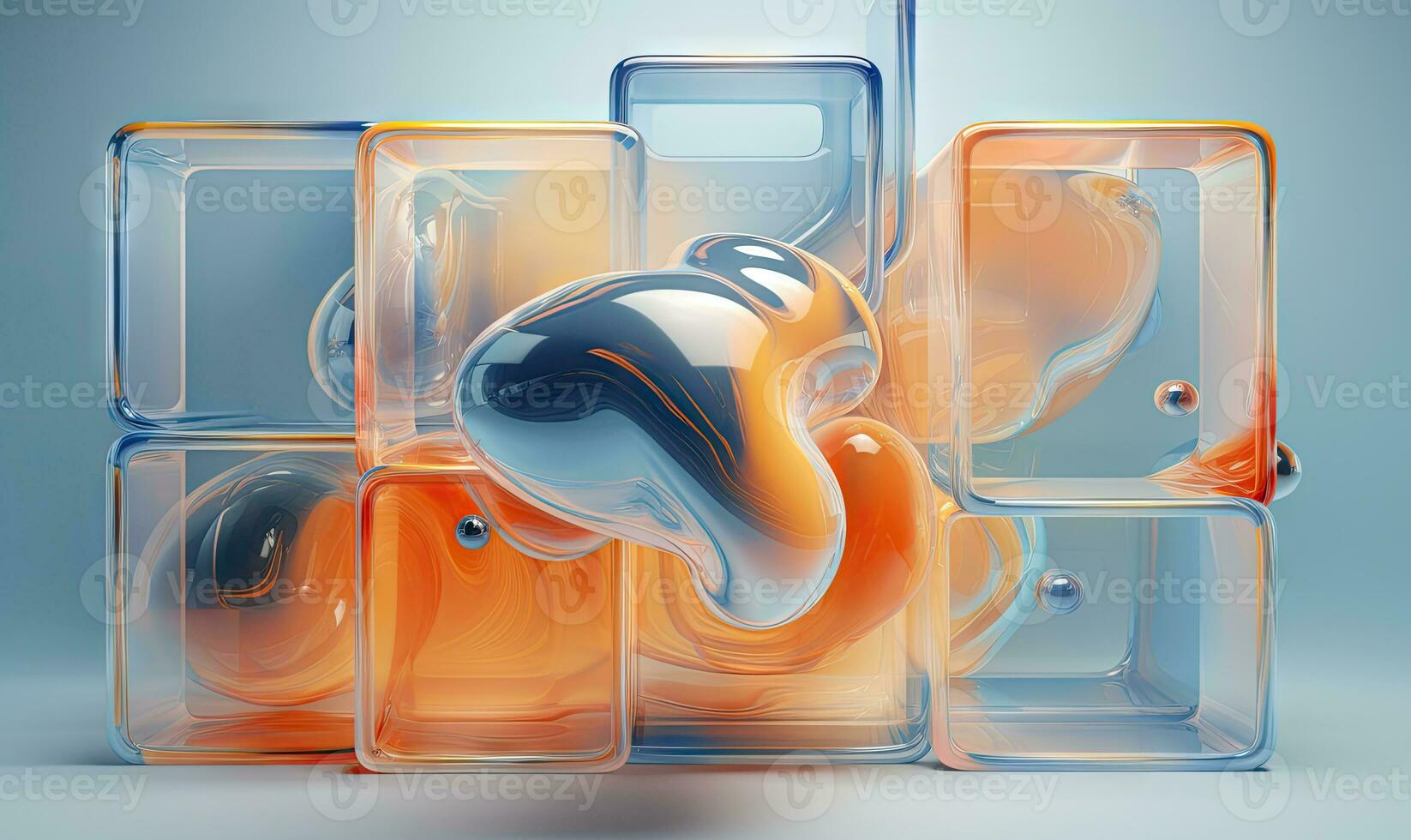 Dynamic interplay of 3D liquid forms in vibrant hues. Abstract composition. AI Generative photo