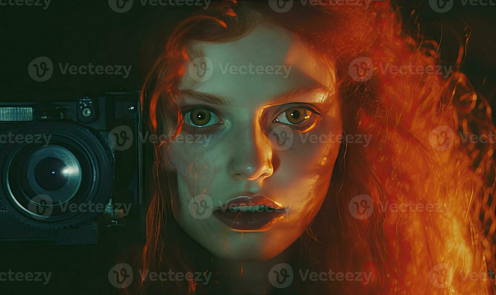 Fiery-haired woman, immersed in creativity. AI Generative photo