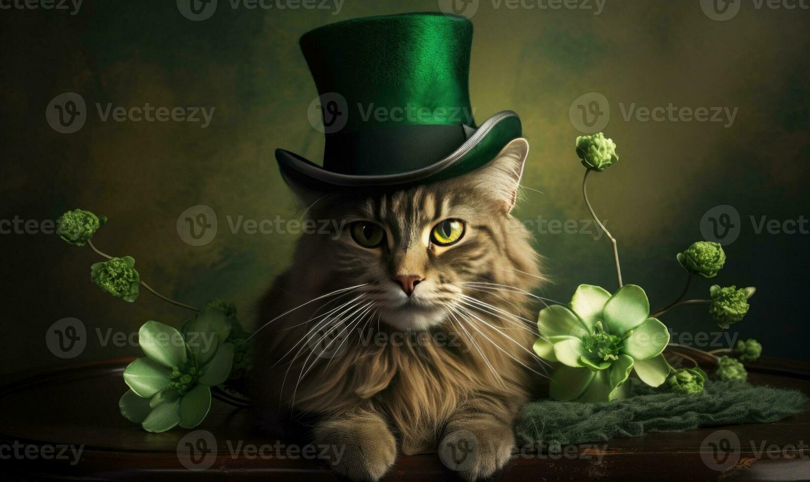 Elegant cat in a green hat and tie celebrating St. Patrick's Day. AI Generative photo